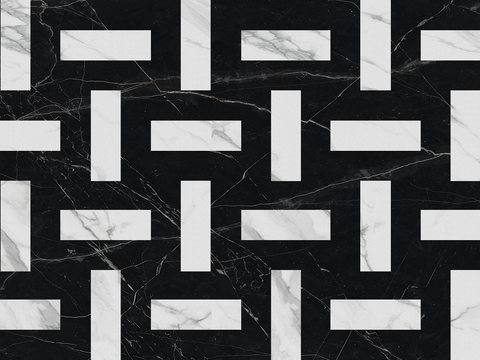 现代无缝轻奢石材拼花地面 黑白拼花石材贴图