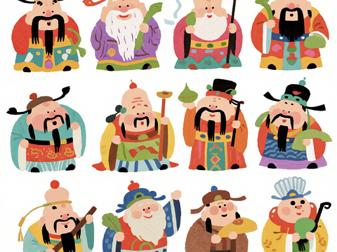 卡通角色插画 民俗神仙 装饰画