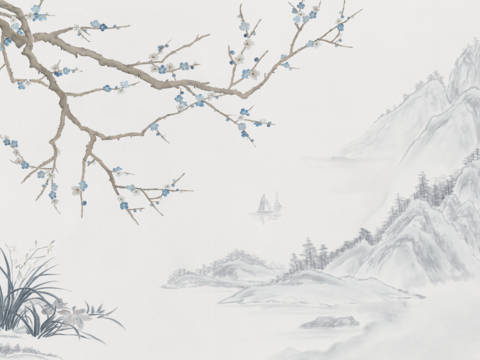 中式新中式高清壁纸壁画装饰画水墨画