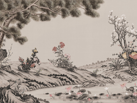 中式新中式高清壁纸壁画装饰画水墨画