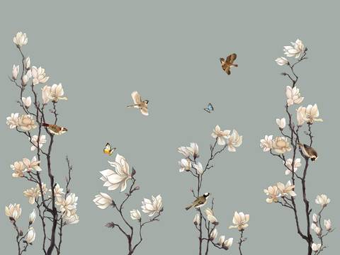  中式新中式花鸟植物壁纸壁画 
