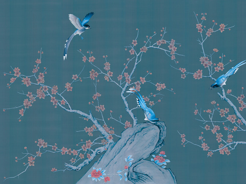  中式新中式花鸟植物壁纸壁画 