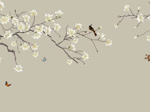  中式新中式花鸟植物壁纸壁画 