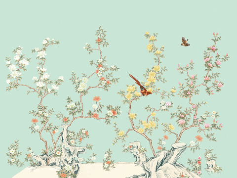  中式新中式花鸟植物壁纸壁画 