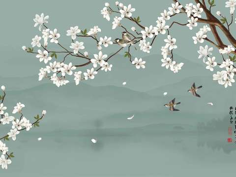  中式新中式花鸟植物壁纸壁画 