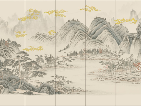 中式新中式山水意境壁纸壁画 山水硬包装饰画
