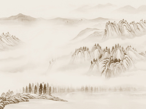 中式新中式水墨山水意境壁纸壁画