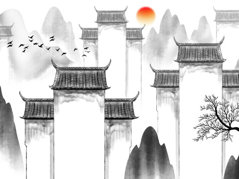 中式新中式水墨江南建筑壁纸壁画装饰画