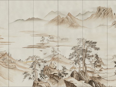 中式新中式山水意境壁纸壁画 山水硬包装饰画