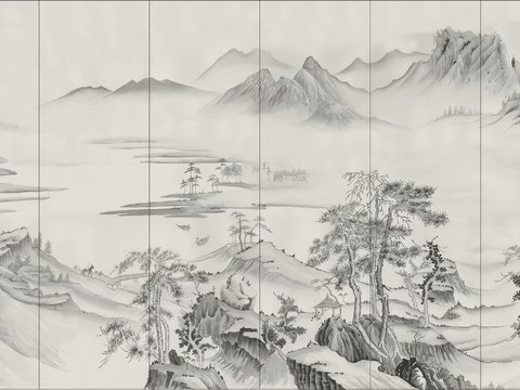 中式新中式山水意境壁纸壁画 山水硬包装饰画