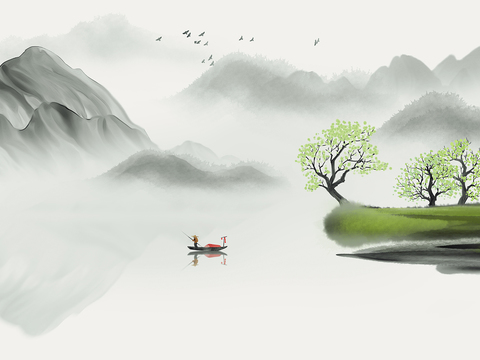 中式新中式山水水墨壁纸壁画装饰画