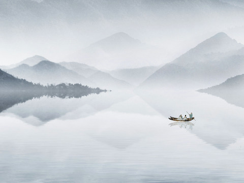 中式新中式山水水墨壁纸壁画装饰画