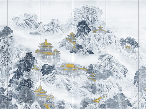 中式新中式山水楼阁意境壁纸壁画 硬包 装饰画