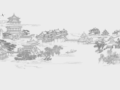 中式新中式山水楼阁意境壁纸壁画 硬包 装饰画