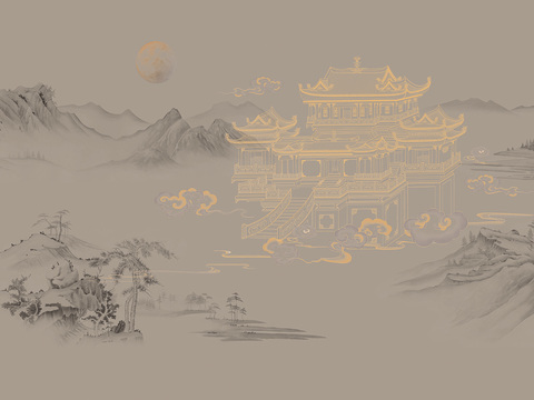 中式新中式山水楼阁意境壁纸壁画 硬包 装饰画