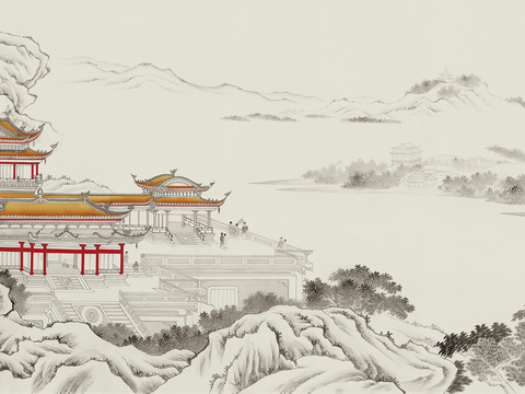 中式新中式山水楼阁意境壁纸壁画 硬包 装饰画