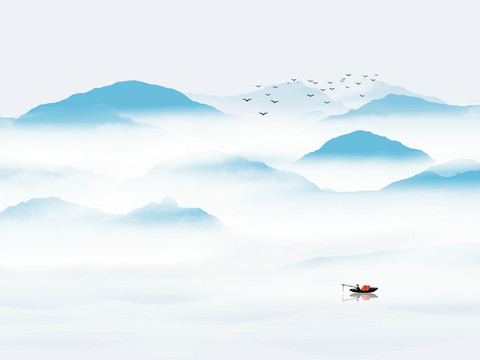 中式新中式山水水墨壁纸壁画装饰画