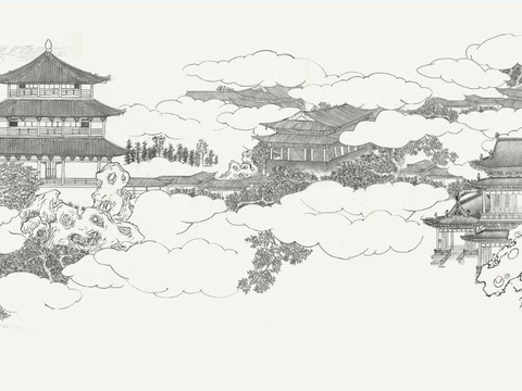 中式新中式山水楼阁意境壁纸壁画 硬包 装饰画