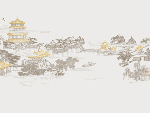 中式新中式山水楼阁意境壁纸壁画 硬包 装饰画