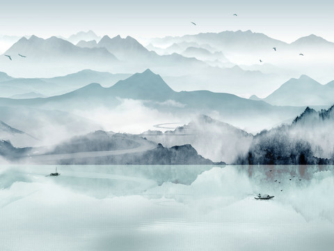 中式新中式山水水墨壁纸壁画装饰画