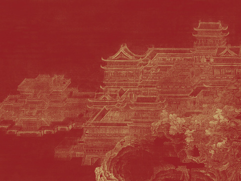 中式新中式山水楼阁意境壁纸壁画 硬包 装饰画