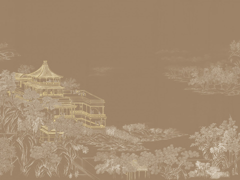 中式新中式山水楼阁意境壁纸壁画 硬包 装饰画