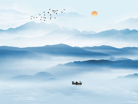 中式新中式山水水墨壁纸壁画装饰画