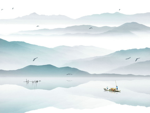 中式新中式山水水墨壁纸壁画装饰画