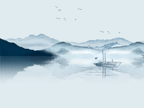 中式新中式山水水墨壁纸壁画装饰画