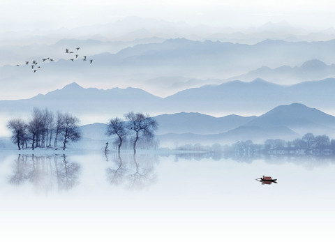 中式新中式山水水墨壁纸壁画装饰画