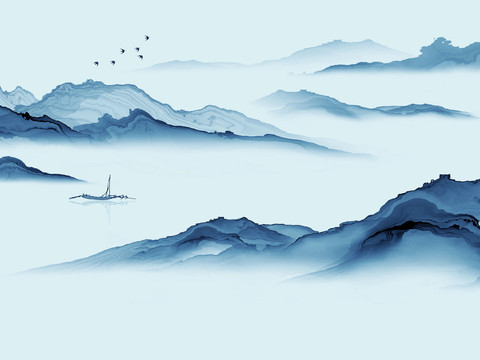 中式新中式山水水墨壁纸壁画装饰画