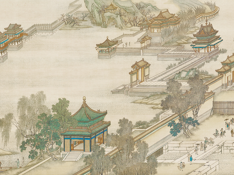 中式新中式山水楼阁意境壁纸壁画 硬包 装饰画