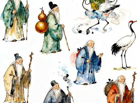 水墨风插画 老神仙