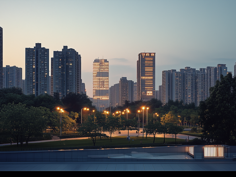  现代城市傍晚外景夜景 