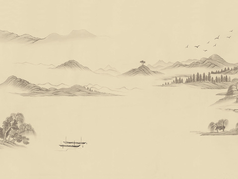 中式山水水墨画壁纸壁画装饰画