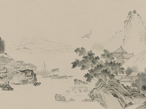 高清中式新中式山水画壁纸壁画装饰画