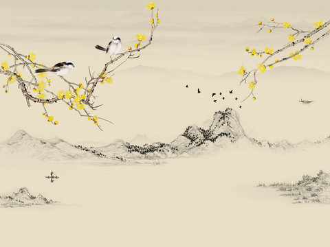  中式新中式花鸟壁纸壁画装饰画 