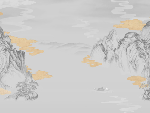 高清中式新中式山水画壁纸壁画装饰画
