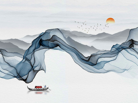 中式新中式抽象建筑壁纸壁画装饰画