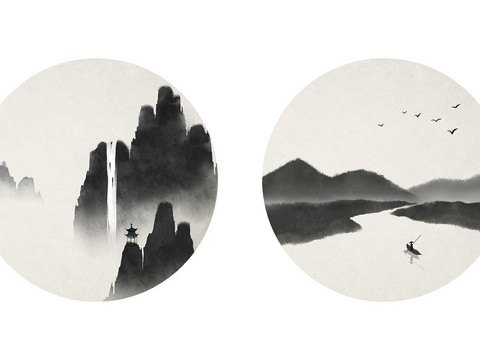 中式山水水墨画壁纸壁画装饰画