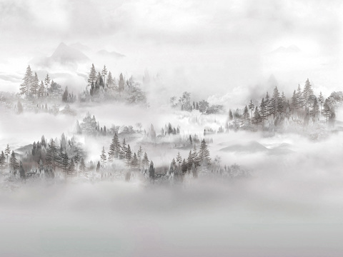 高清中式新中式山水画壁纸壁画装饰画