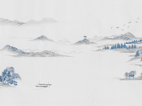 中式山水水墨画壁纸壁画装饰画