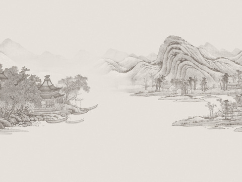 高清中式新中式山水画壁纸壁画装饰画