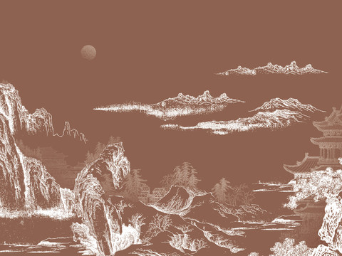  中式新中式高清山水壁纸壁画装饰画 