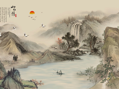  中式新中式高清山水壁纸壁画装饰画 