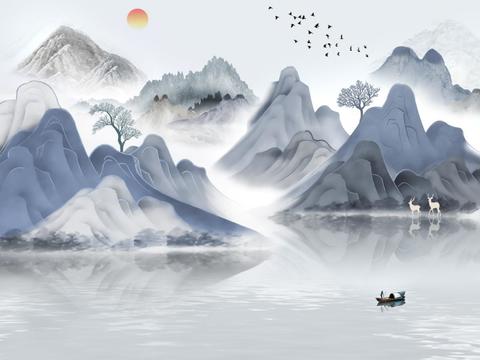 中式新中式高清山水壁纸壁画装饰画