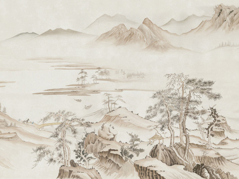 高清中式新中式山水画壁纸壁画装饰画
