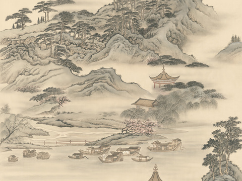 中式新中式高清山水壁纸壁画装饰画