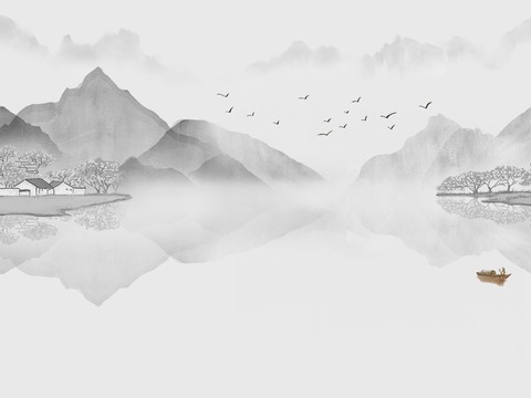  中式新中式高清山水壁纸壁画装饰画 