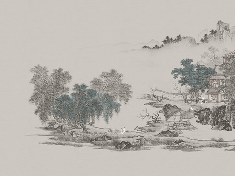 高清中式新中式山水画壁纸壁画装饰画